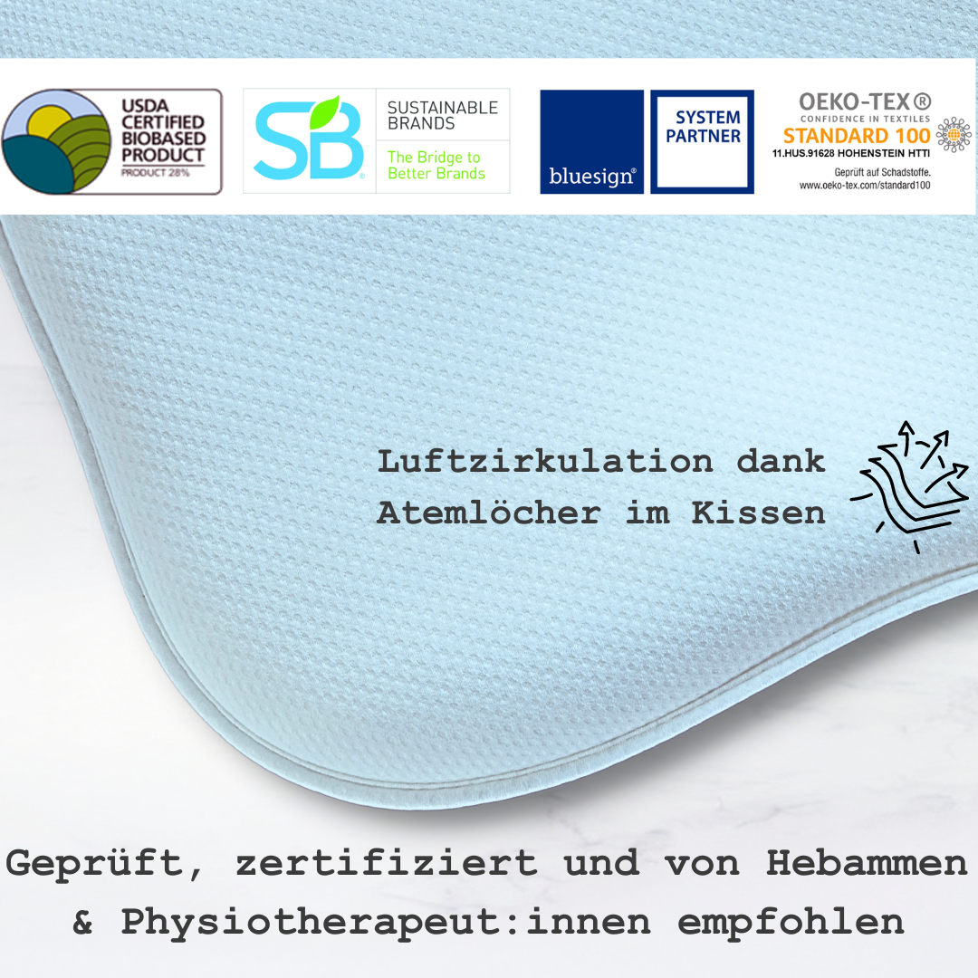 Honigbär umweltfreundliches Babykissen gegen Plattkopf und Kopfverformung (Blau) | 0-12 Monate | zertifiziert & geprüft | Hebammen empfehlen | Prävention | Kliniktasche |Neugeboren | Geburtsvorbereitung | unterstützend zu Osteopathie & Kinderphysiotherapi