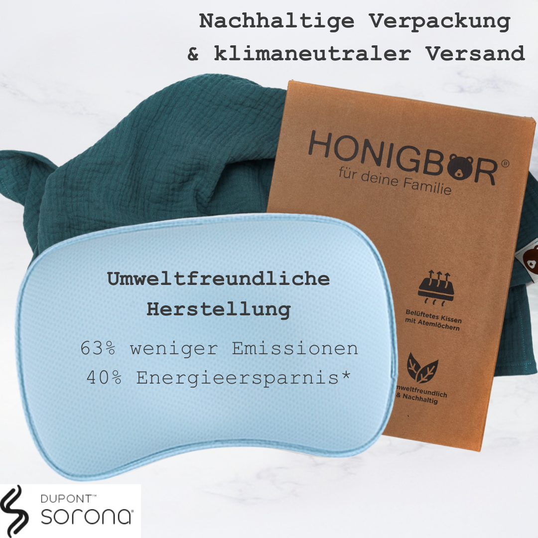 Honigbär umweltfreundliches Babykissen gegen Plattkopf und Kopfverformung (Blau) | 0-12 Monate | zertifiziert & geprüft | Hebammen empfehlen | Prävention | Kliniktasche |Neugeboren | Geburtsvorbereitung | unterstützend zu Osteopathie & Kinderphysiotherapi