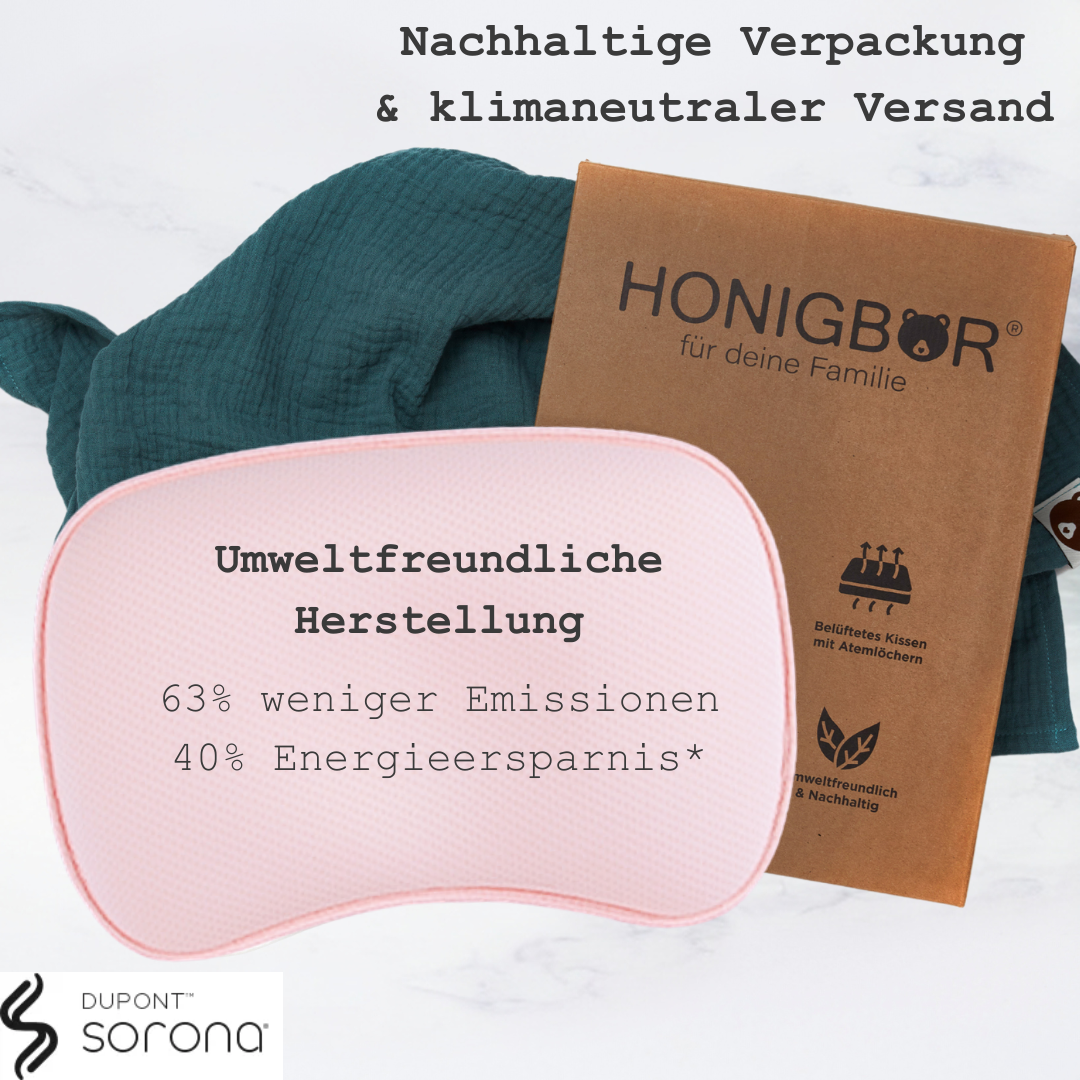Honigbär umweltfreundliches Babykissen gegen Plattkopf und Kopfverformung (Rosa) | 0-12 Monate | zertifiziert & geprüft | Hebammen empfehlen | Prävention | Kliniktasche |Neugeboren | Geburtsvorbereitung | unterstützend zu Osteopathie & Kinderphysiotherapi