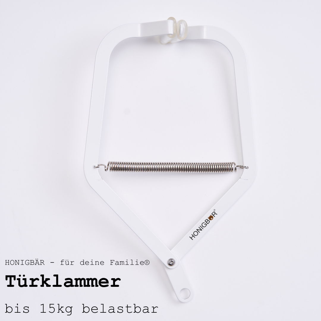 Honigbär Türklammer für Federwiegen bis 15 kg|TÜV getestet| pulverbeschichteter Stahl matt weiß | Hängewiege, Schaukelbett, Babyhängematte | Türrahmenklammer | Schwingfeder | kompatibel u.a. Moonboon, Swing2Sleep, NONOMO®, Wunderwiege etc.