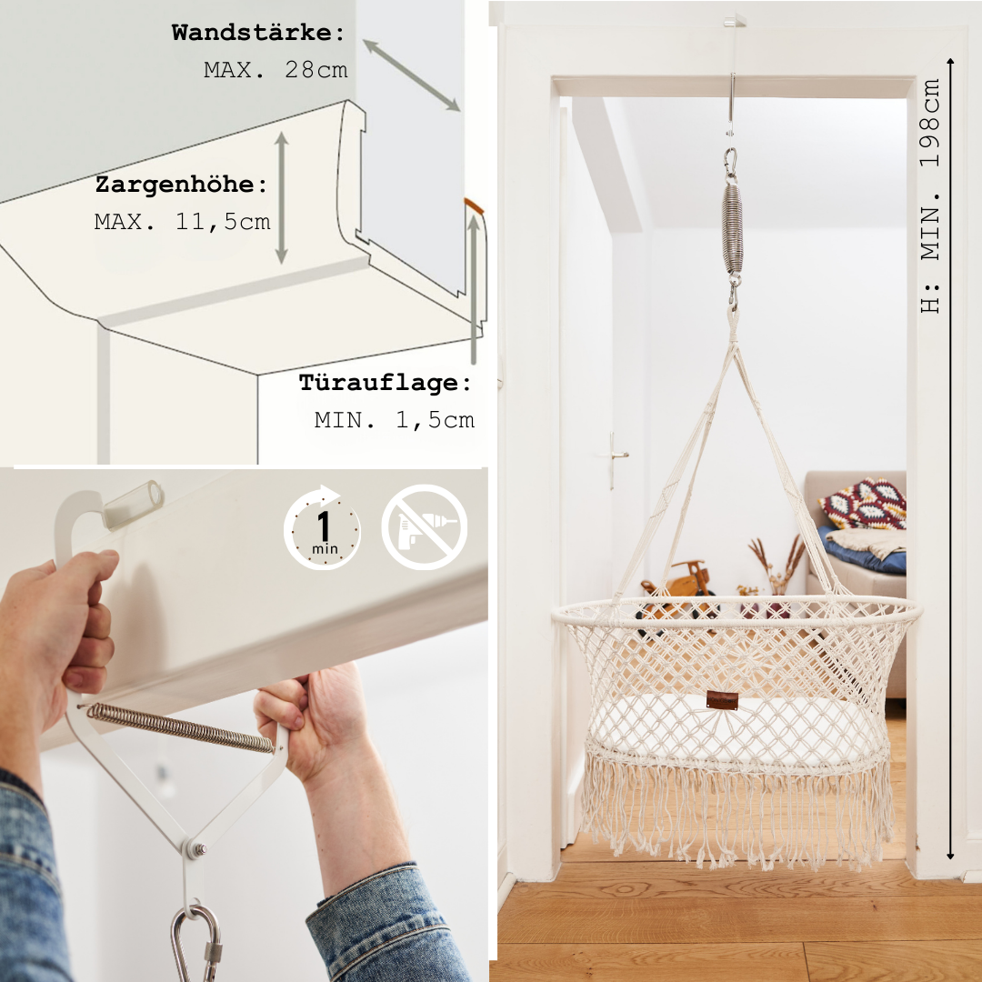 Honigbär Türklammer für Federwiegen bis 15 kg|TÜV getestet| pulverbeschichteter Stahl matt weiß | Hängewiege, Schaukelbett, Babyhängematte | Türrahmenklammer | Schwingfeder | kompatibel u.a. Moonboon, Swing2Sleep, NONOMO®, Wunderwiege etc.