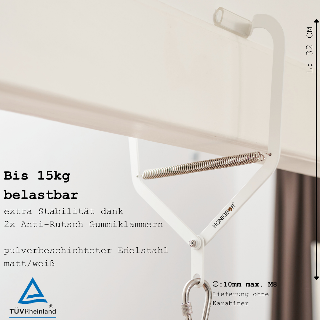 Honigbär Türklammer für Federwiegen bis 15 kg|TÜV getestet| pulverbeschichteter Stahl matt weiß | Hängewiege, Schaukelbett, Babyhängematte | Türrahmenklammer | Schwingfeder | kompatibel u.a. Moonboon, Swing2Sleep, NONOMO®, Wunderwiege etc.