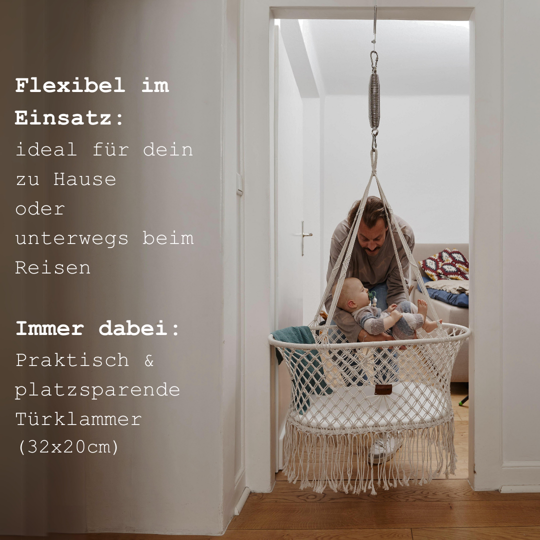 Honigbär|umweltfreundliche Federwiege mit Türklammer|Schwingfeder|Matratze aus Sorona®-Faser | TÜV getestet | Makramee Baby Einschlafhilfe | platzsparendes Set & schneller flexibler Auf-/abbau