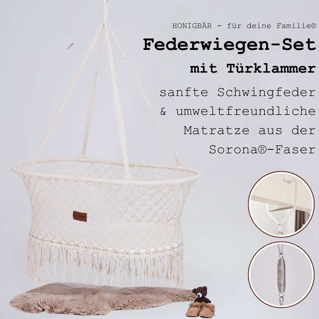 Honigbär|umweltfreundliche Federwiege mit Türklammer|Schwingfeder|Matratze aus Sorona®-Faser | TÜV getestet | Makramee Baby Einschlafhilfe | platzsparendes Set & schneller flexibler Auf-/abbau