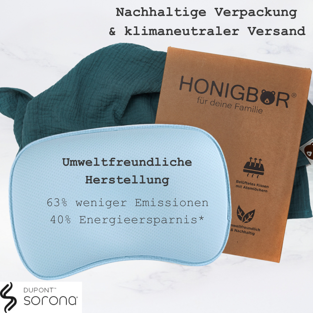 Honigbär® umweltfreundliches Babykissen gegen Plattkopf und Kopfverformung (Blau)
