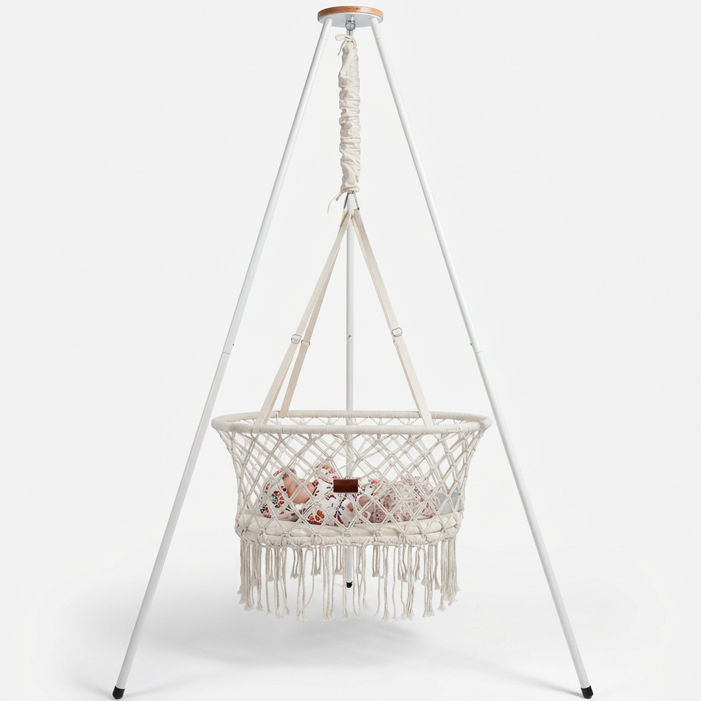 Honigbär Makramee-Federwiege Komplett-Set mit weißem Standfuß und Schwingfeder