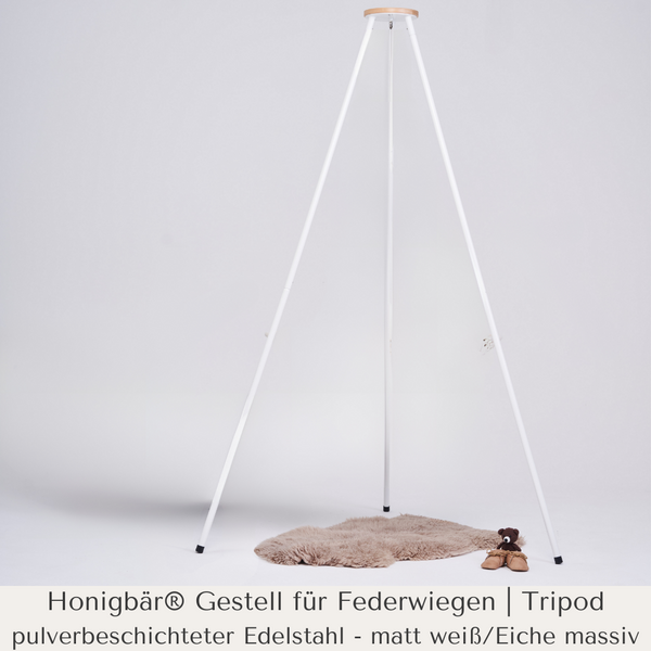 Laden Sie das Bild in den Galerie-Viewer, Honigbär® Gestell für Federwiegen|Standfuß|TÜV getestet|pulverbeschichteter Edelstahl - matt weiß/Eiche massiv|bis zu 40kg
