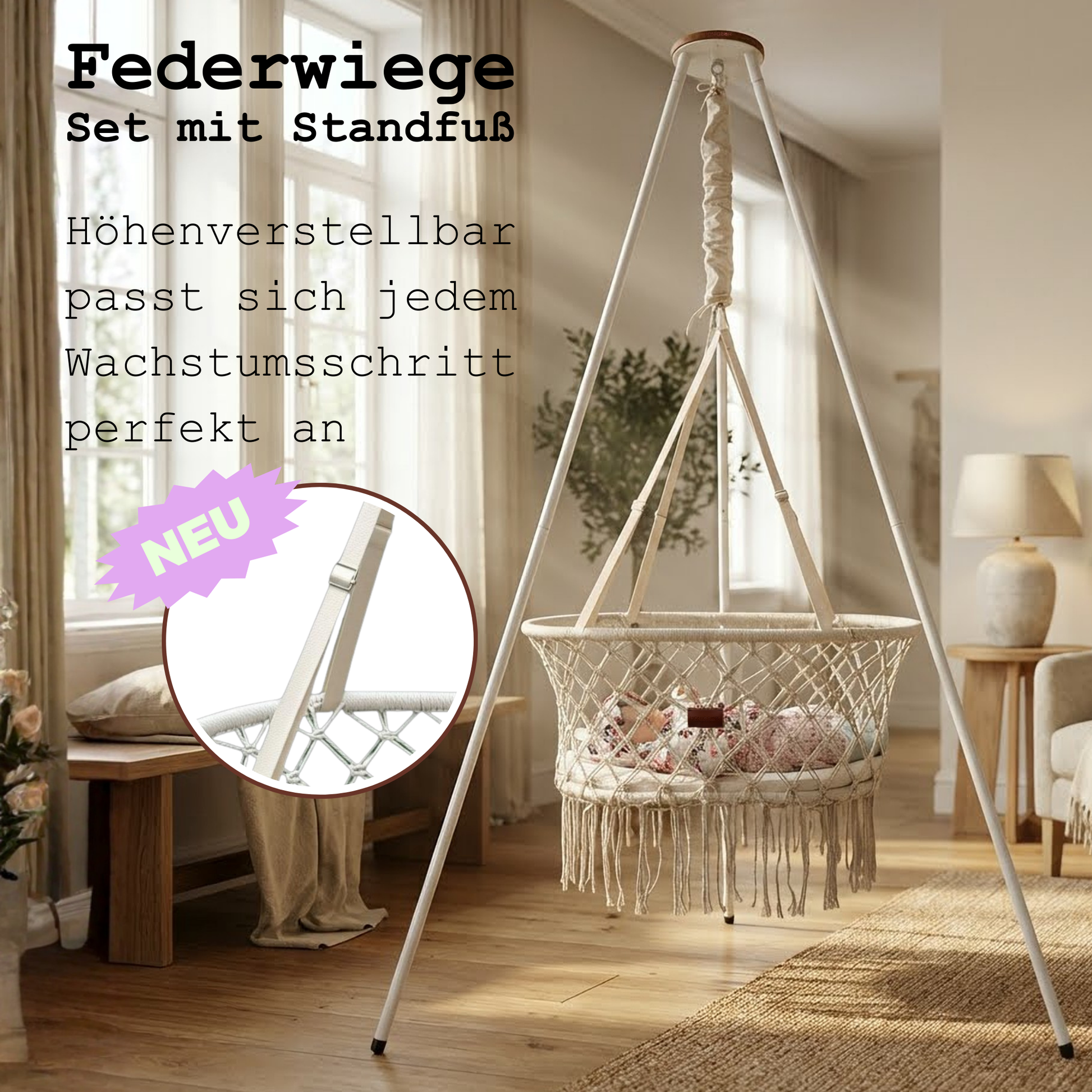 Höhenverstellbare Makramee Federwiege mit stufenlos Gurten - habe immer die passende Höhe