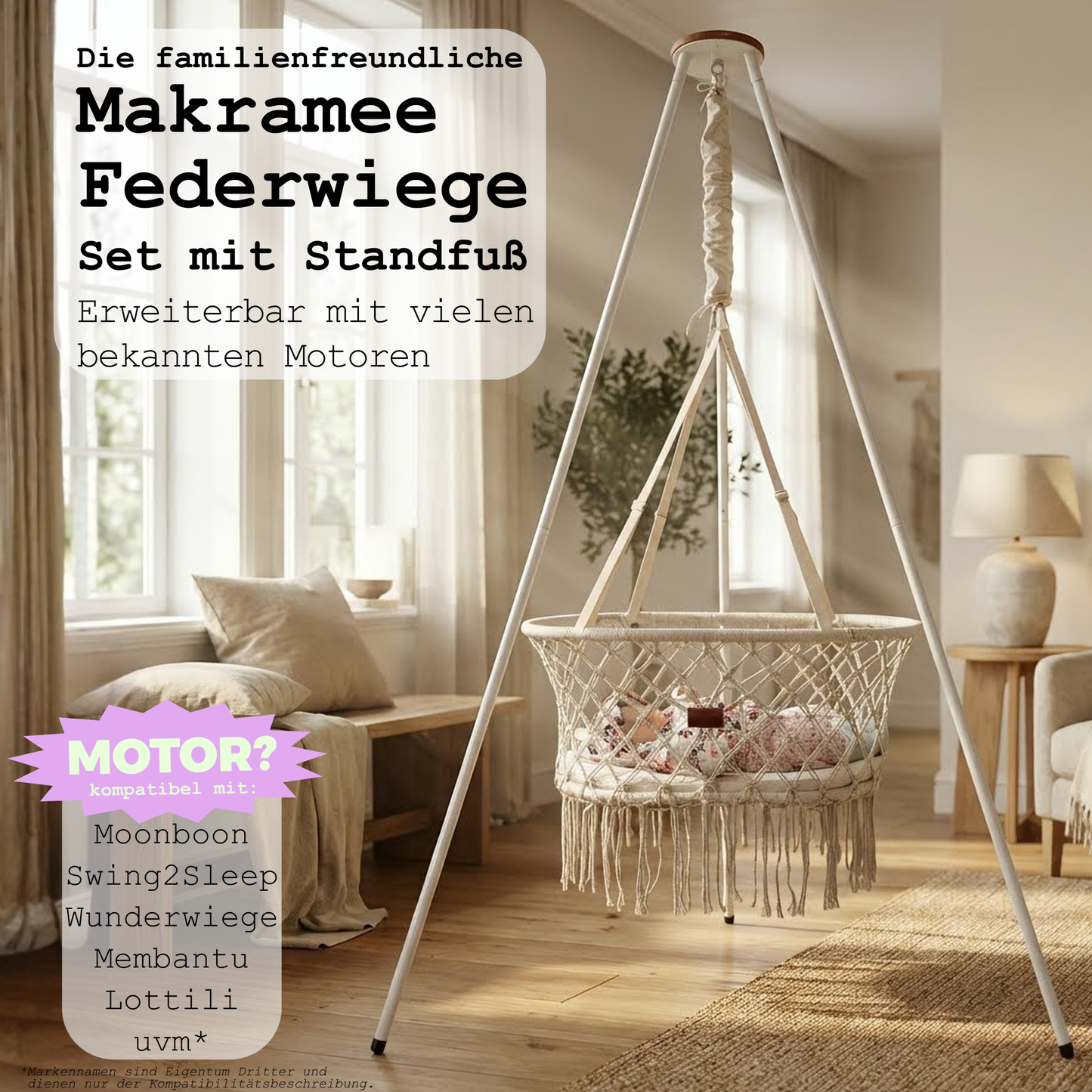 Höhenverstellbare Makramee Federwiege erweiterbar mit vielen Motoren u.a. Moonboon, Swing2Sleep, Membantu uvm.
