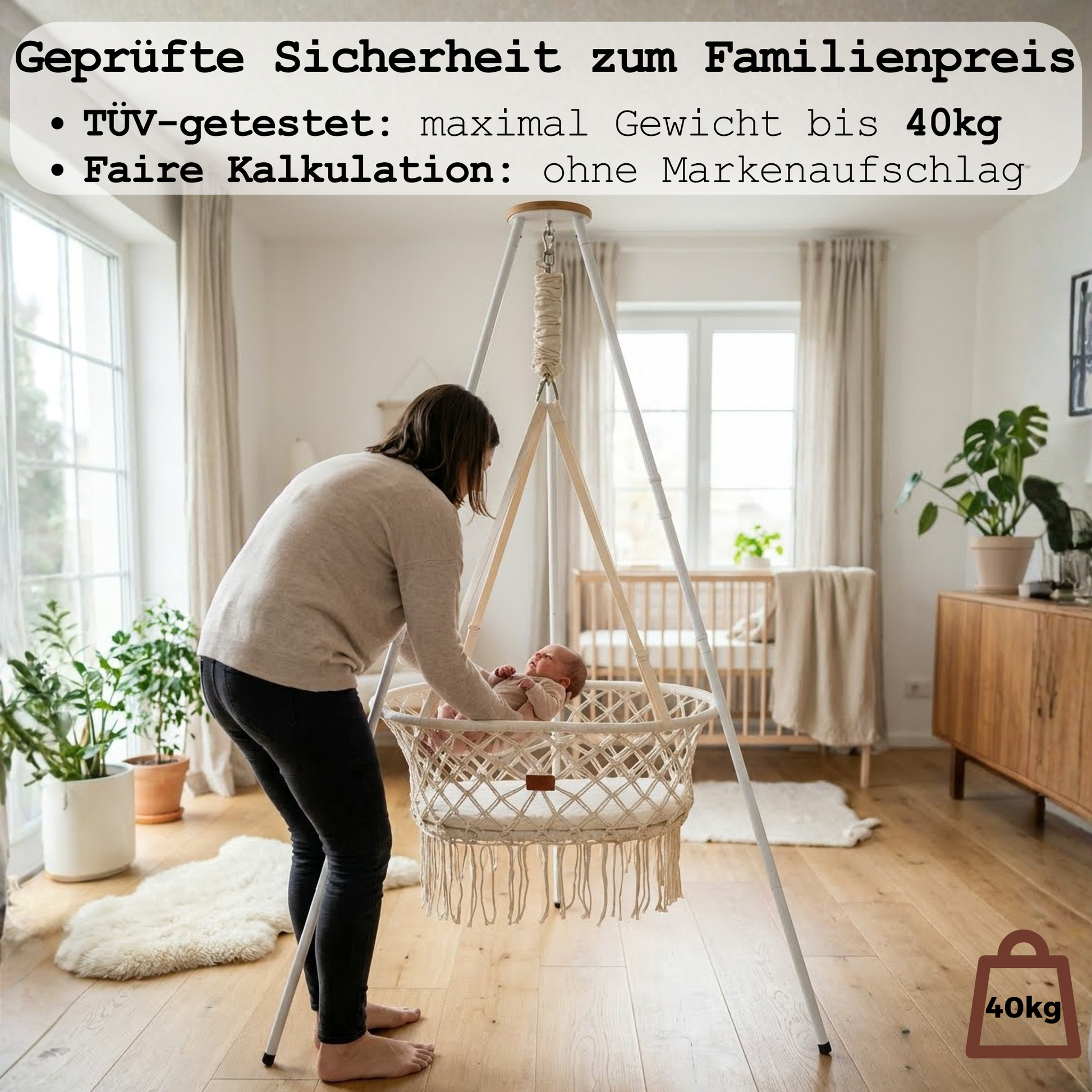 federwiege korb oder hängematte Makramee-Federwiegen-Set inkl. Gestell – TÜV bis 40kg – Familienpreis