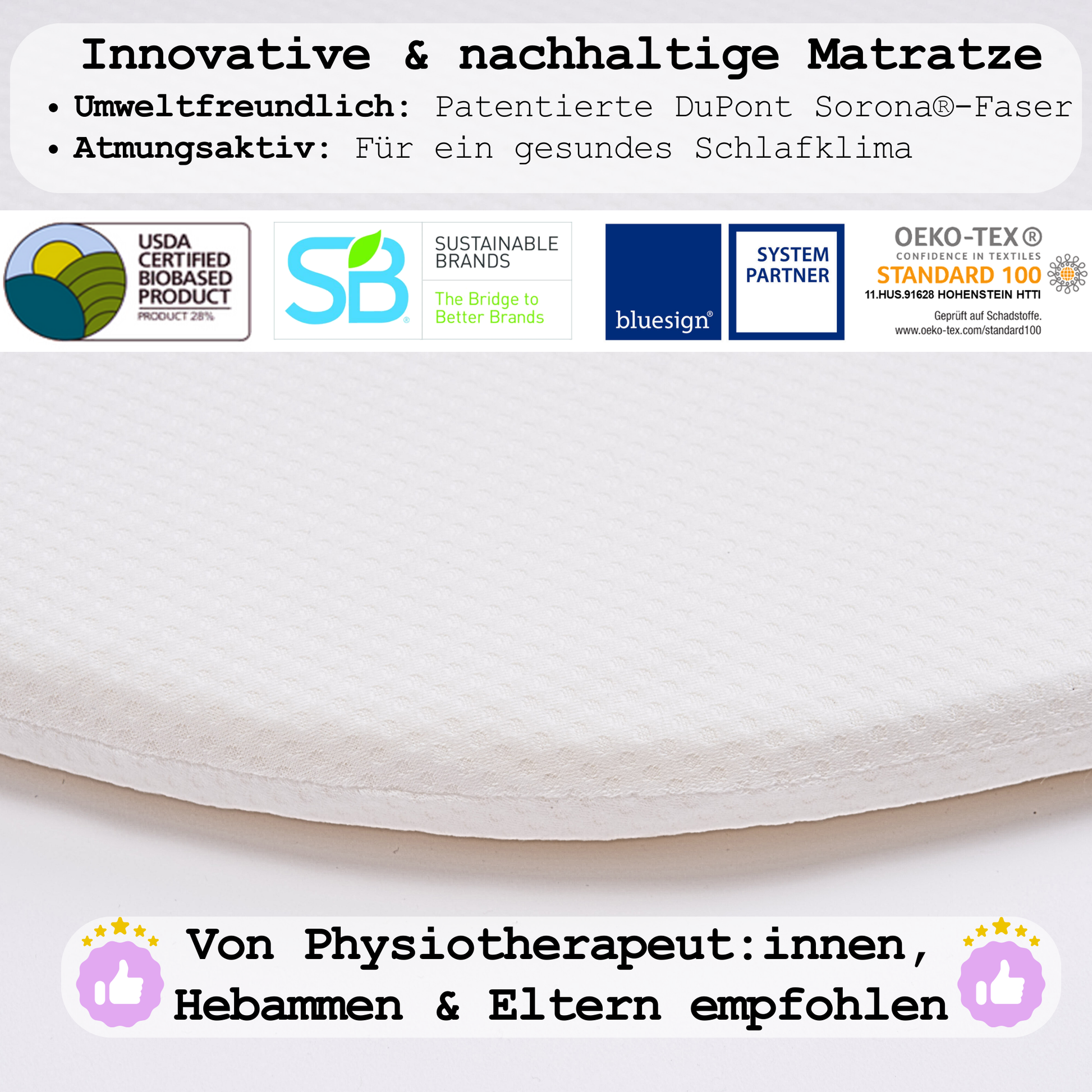 Nachhaltige Babymatratze aus atmungsaktiver DuPont Sorona Faser schadstofffrei - von Hebannen & Eltern empfohlen