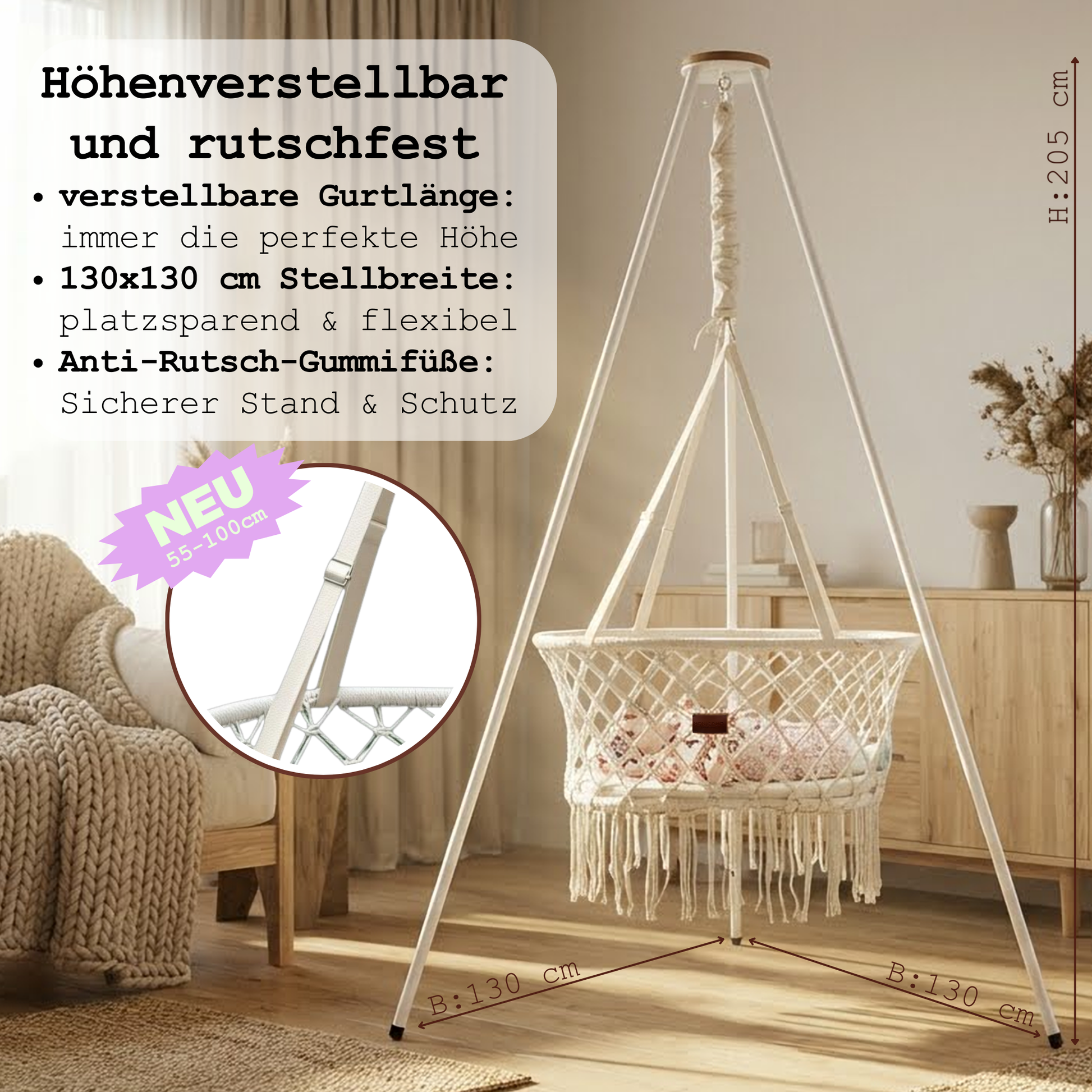 Höhenverstellbare Federwiege mit kompakter Stellfläche und Anti-Rutsch-Füßen