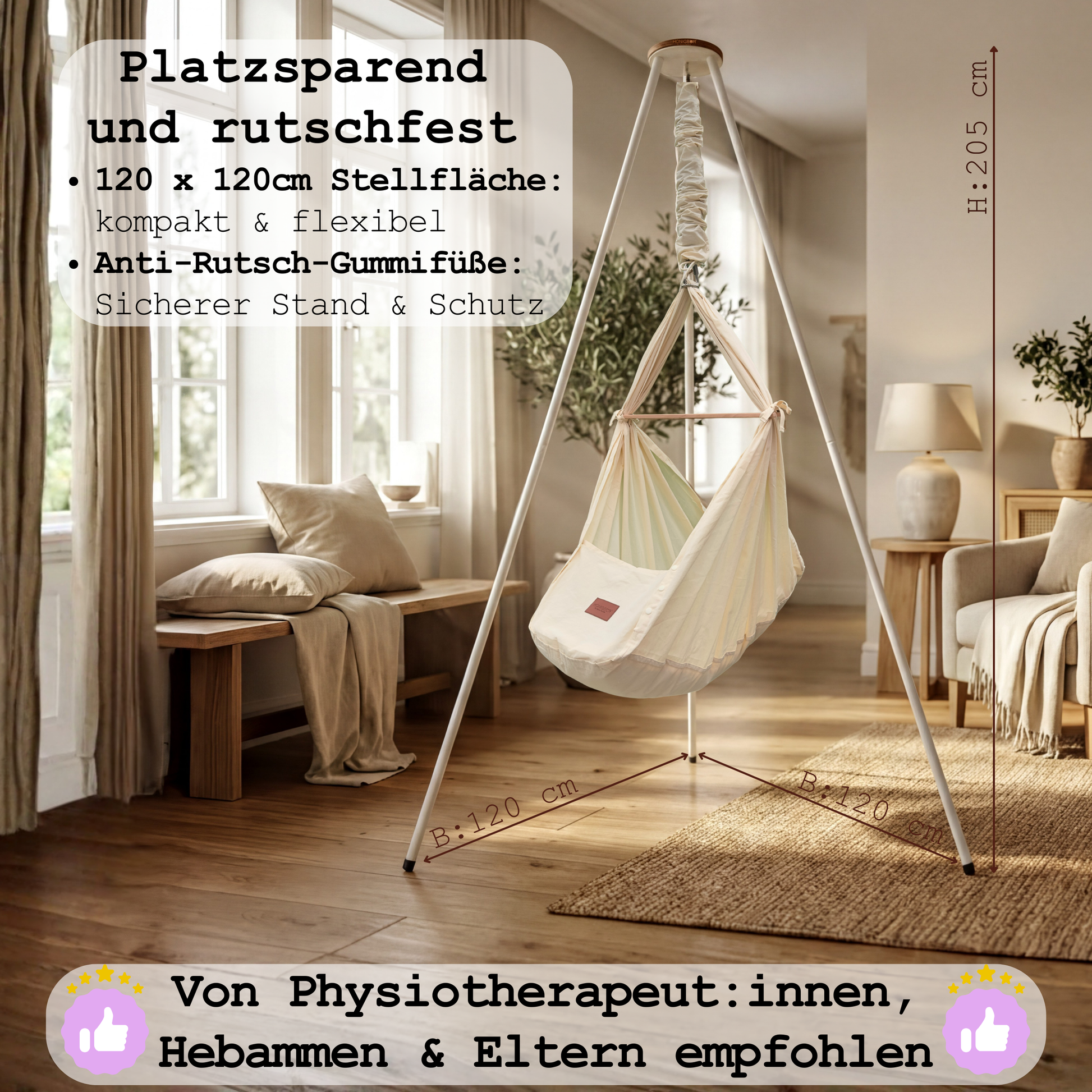 kompaktes Federwiegen-Gestell platzsparend Maße 120x120cm Stellfläche & von Hebammen, wie Eltern empfohlen