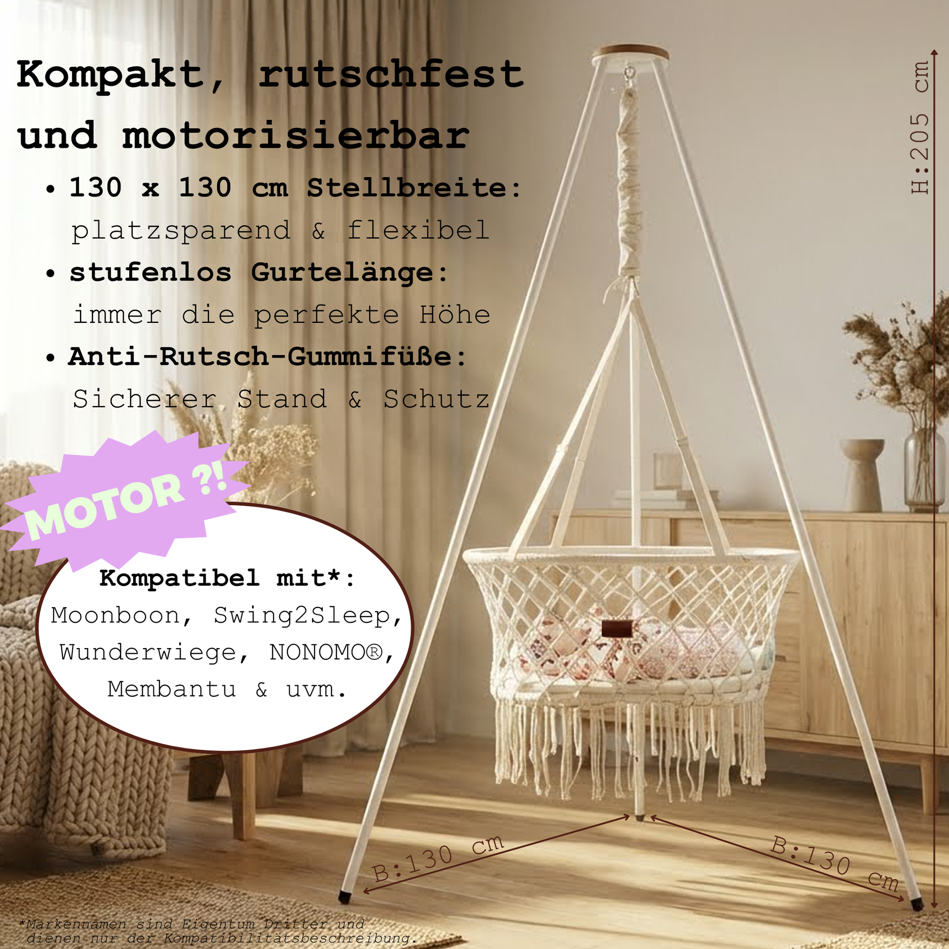 Kompakte Federwiege motorisierbar kompatibel mit Moonboon Swing2Sleep Wunderwiege NONOMO Membantu Schmusewolke, Lottili