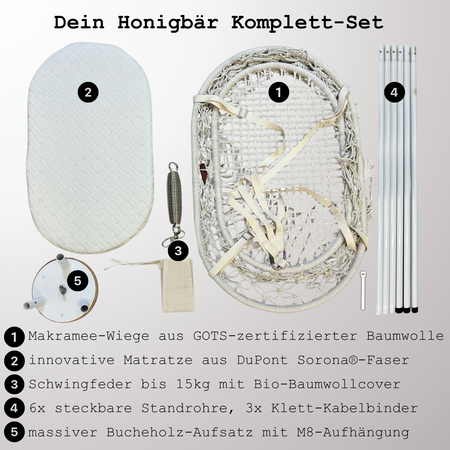 Lieferumfang Honigbär Set Makramee Wiege Gestell Schwingfeder und Matratze