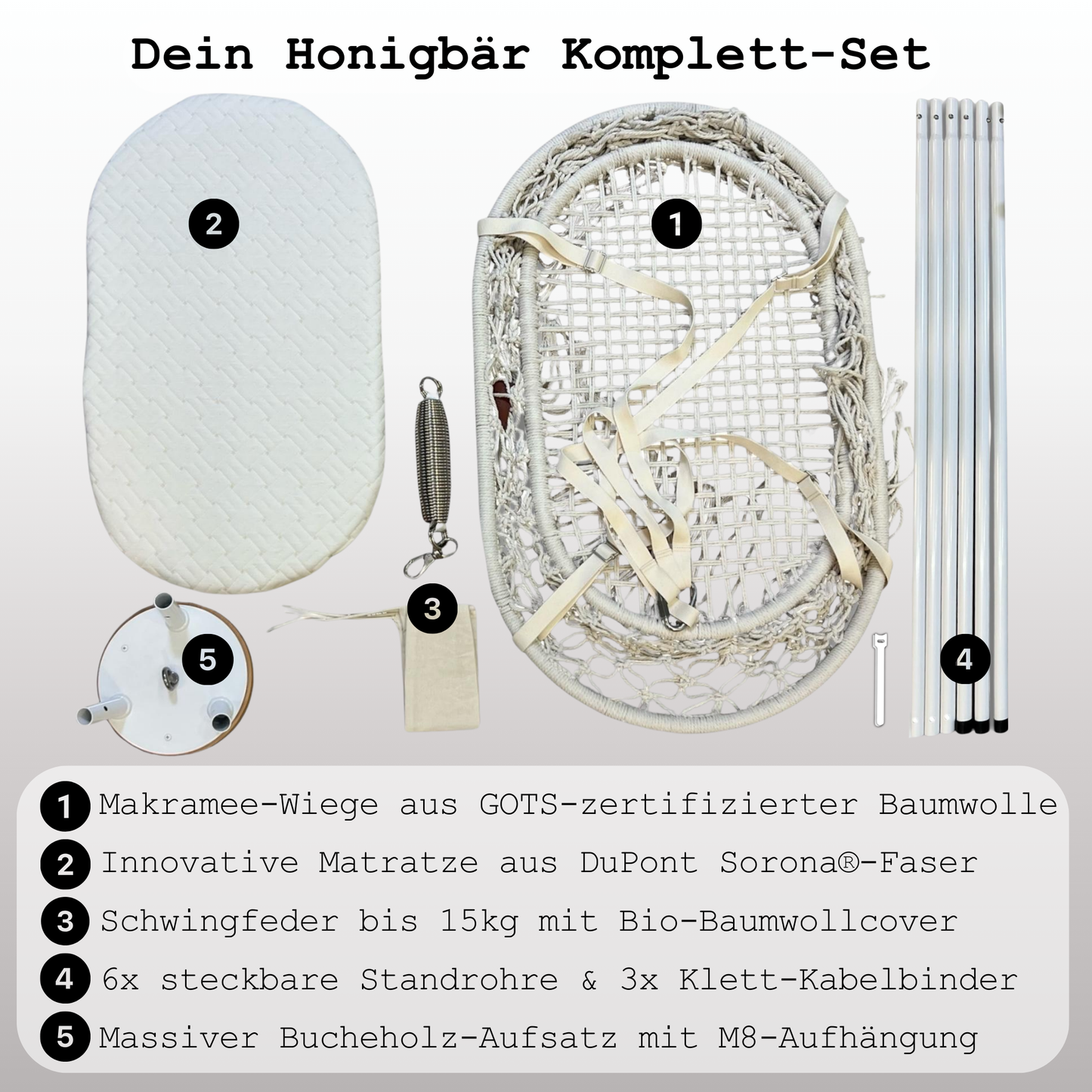 Lieferumfang Honigbär Komplett-Set Makramee Wiege Gestell Schwingfeder und Matratze
