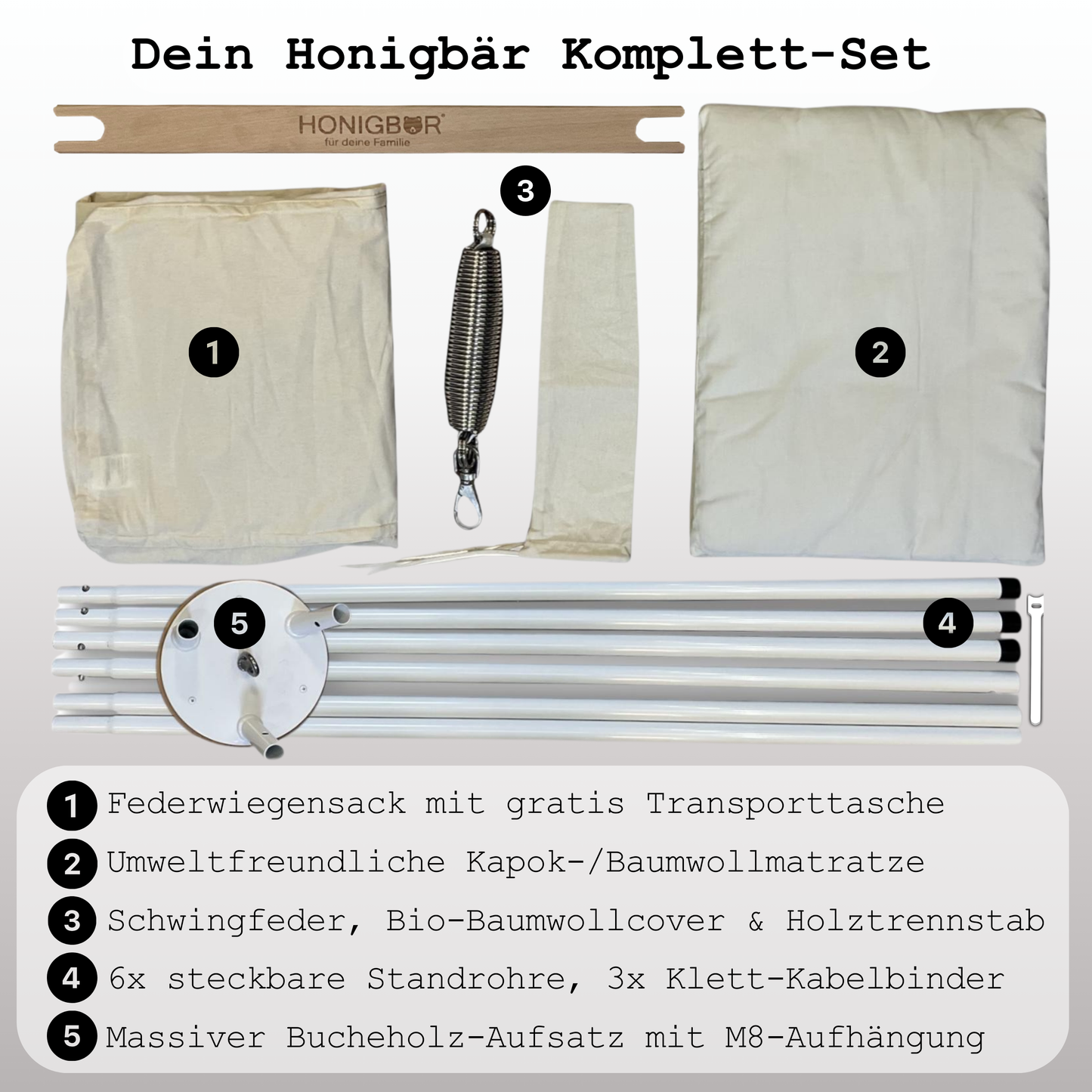 Lieferumfang Honigbär Komplett-Set Federwiege Gestell Matratze Zubehör