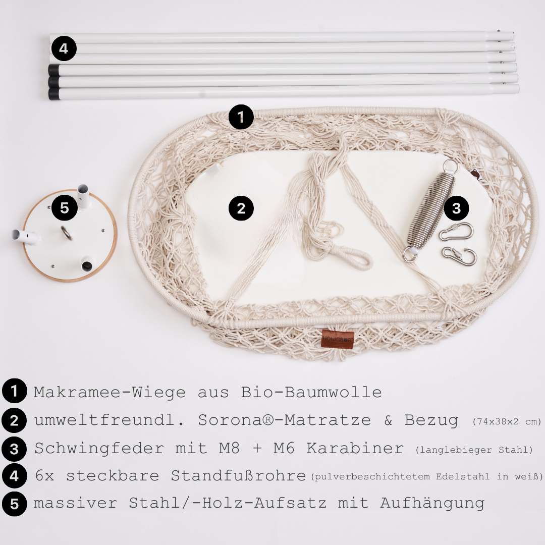 Honigbär umweltfreundliche Federwiege mit Standfuß | Makramee-Wiege, Schwingfeder & Matratze aus Sorona®-Faser | TÜV getestet | sanfte Einschlafhilfe | Komplett-Set mit Gestell/Ständer für Babys (matt weiß Stahl/Holz massiv)